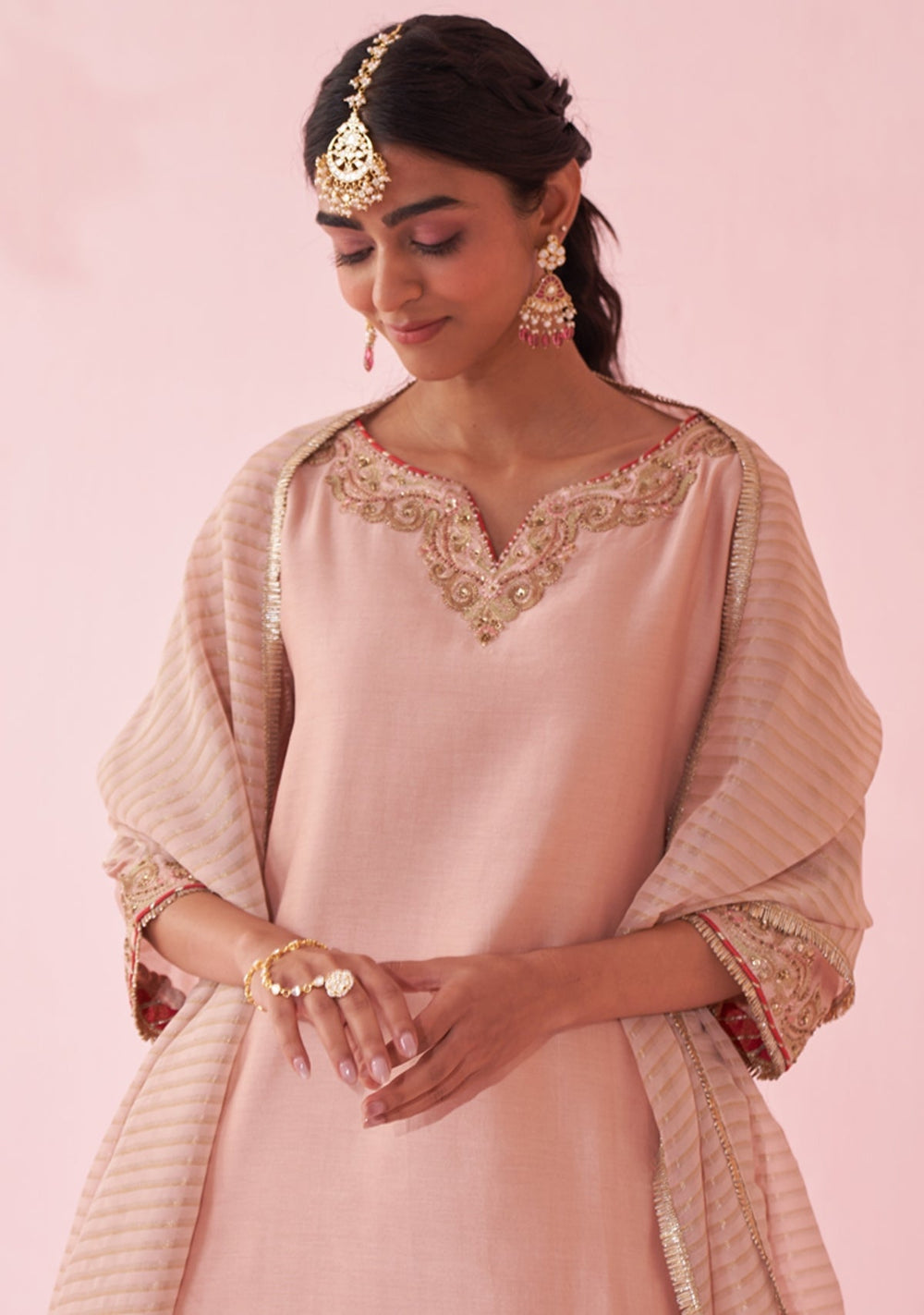 Blush Pink Embroidered Chanderi Kurta Sharara Set Studio Bagechaa - Fabilicious Fashion
