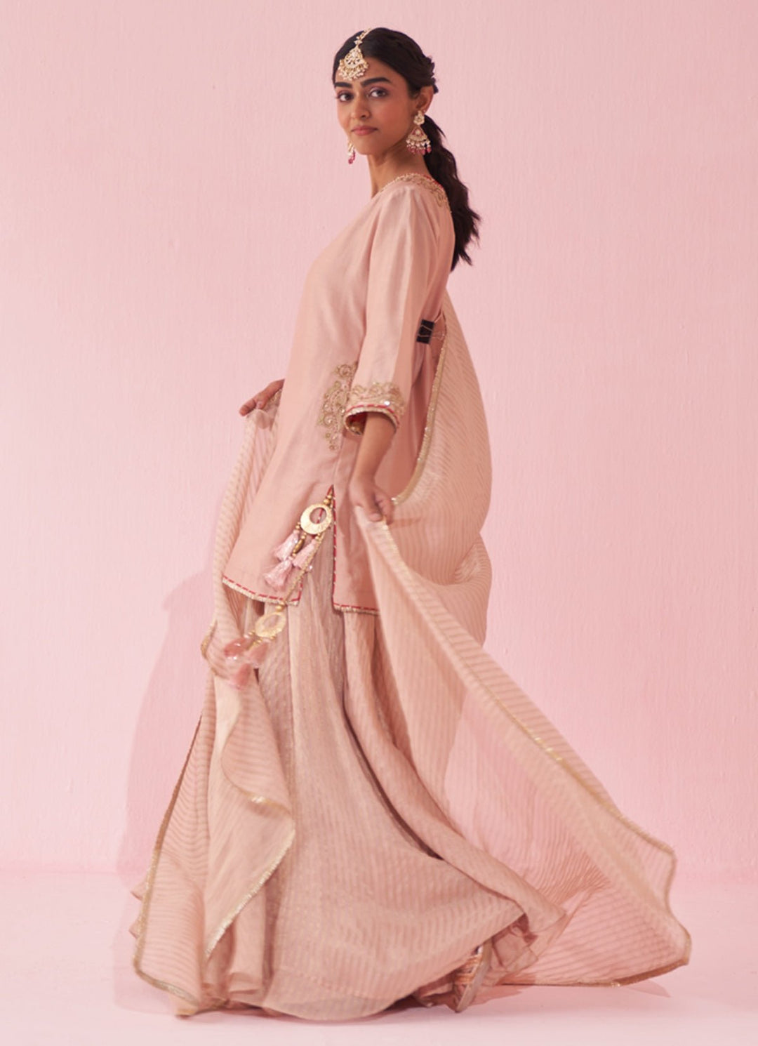 Blush Pink Embroidered Chanderi Kurta Sharara Set Studio Bagechaa - Fabilicious Fashion