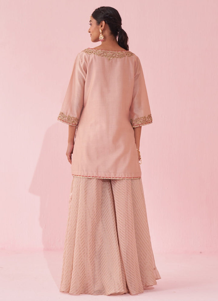 Blush Pink Embroidered Chanderi Kurta Sharara Set Studio Bagechaa - Fabilicious Fashion