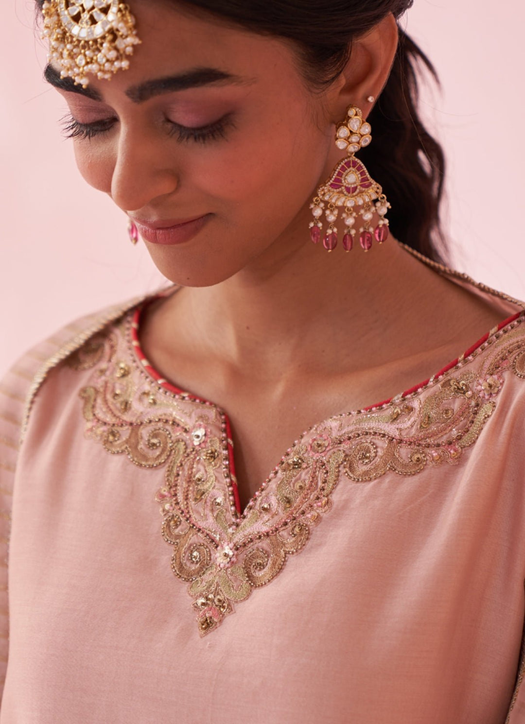 Blush Pink Embroidered Chanderi Kurta Sharara Set Studio Bagechaa - Fabilicious Fashion