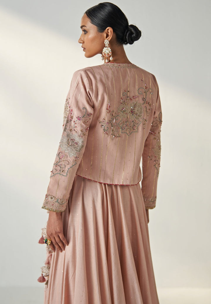 Blush Pink Embroidered Chanderi Lehenga Set With Jacket Studio Bagechaa - Fabilicious Fashion
