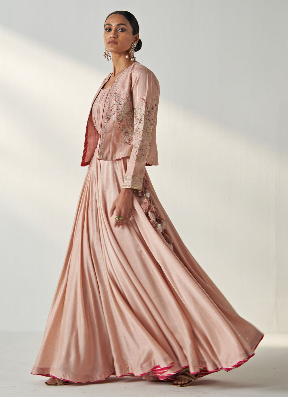 Blush Pink Embroidered Chanderi Lehenga Set With Jacket Studio Bagechaa - Fabilicious Fashion