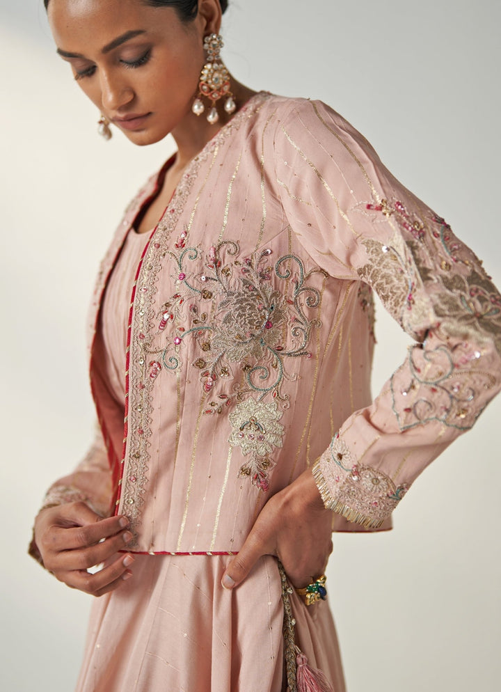 Blush Pink Embroidered Chanderi Lehenga Set With Jacket Studio Bagechaa - Fabilicious Fashion