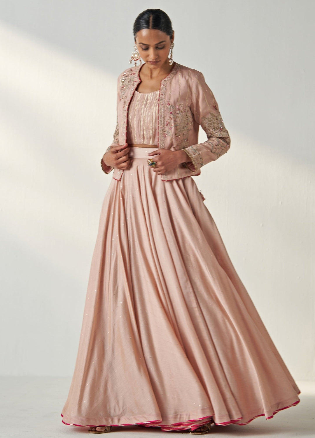Blush Pink Embroidered Chanderi Lehenga Set With Jacket Studio Bagechaa - Fabilicious Fashion