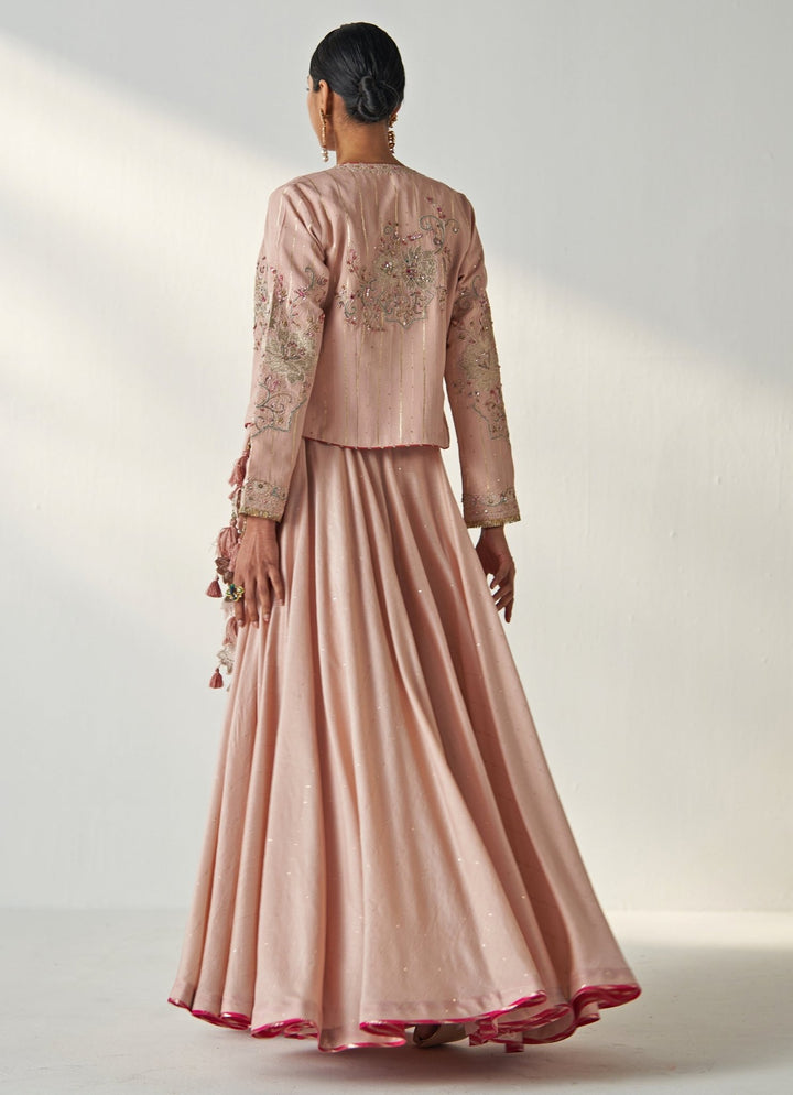 Blush Pink Embroidered Chanderi Lehenga Set With Jacket Studio Bagechaa - Fabilicious Fashion
