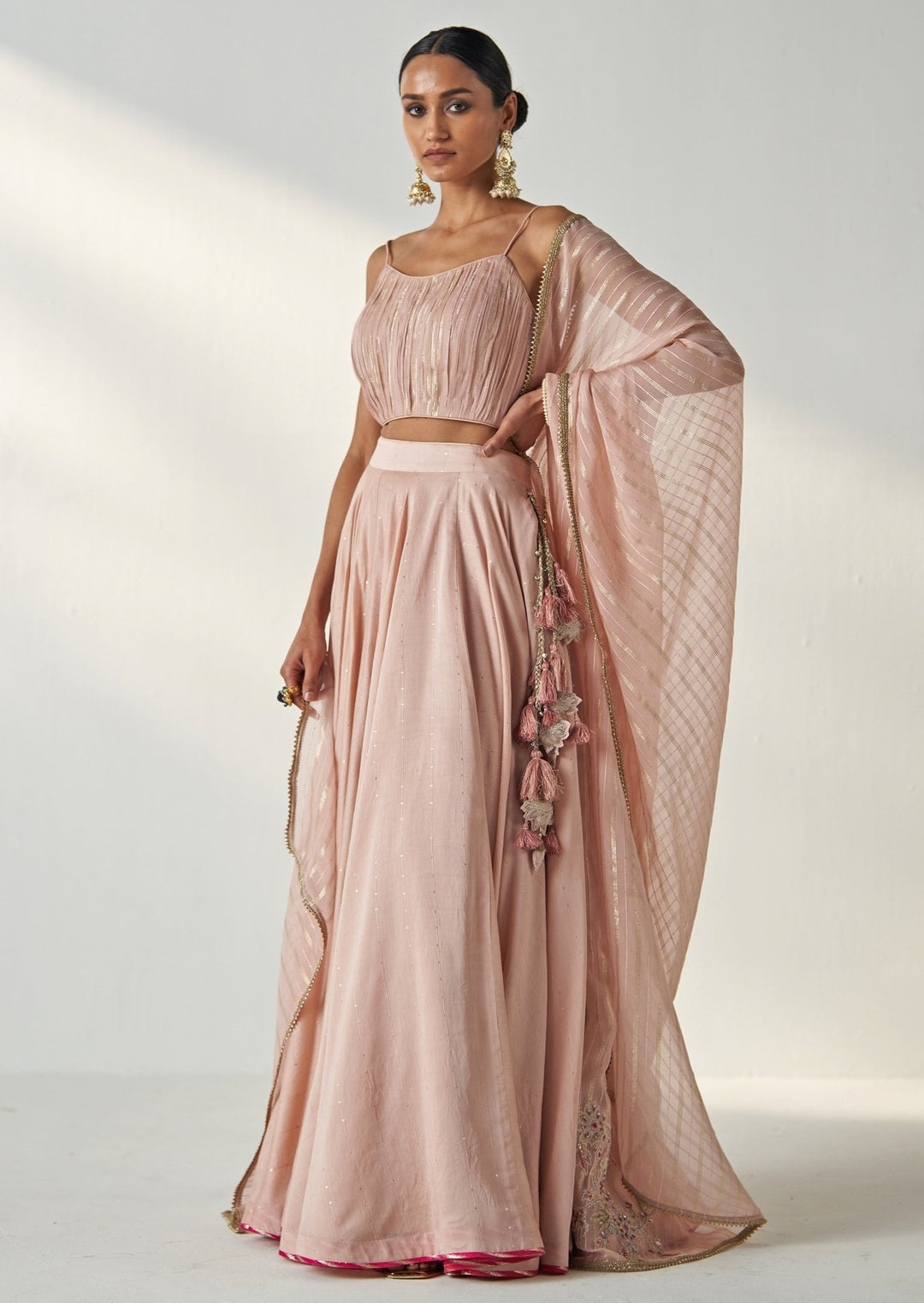 Blush Pink Embroidered Chanderi Lehenga Set Studio Bagechaa - Fabilicious Fashion
