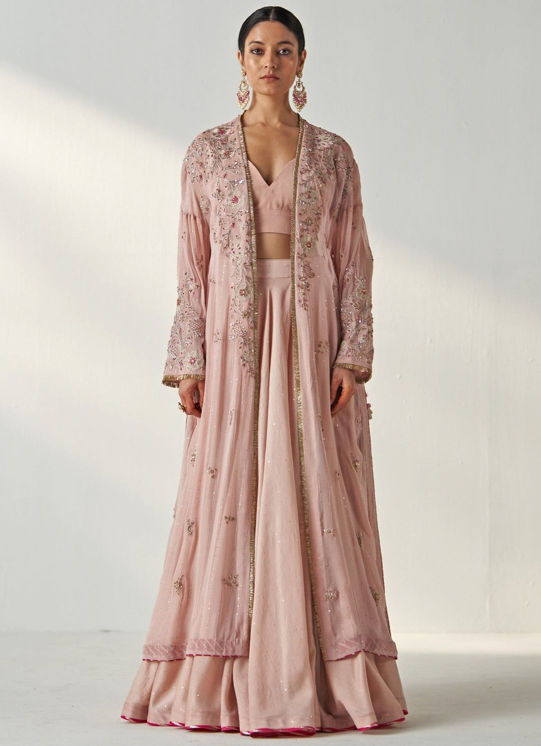 Blush Pink Embroidered Chanderi Lehenga With Cape Jacket Studio Bagechaa - Fabilicious Fashion