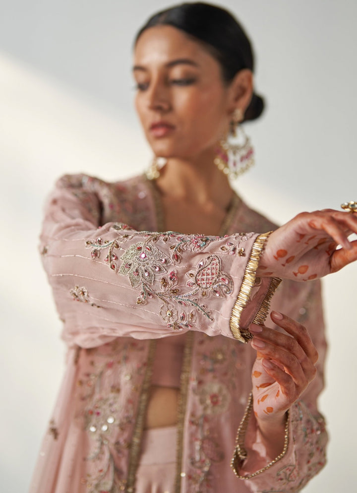 Blush Pink Embroidered Chanderi Lehenga With Cape Jacket Studio Bagechaa - Fabilicious Fashion