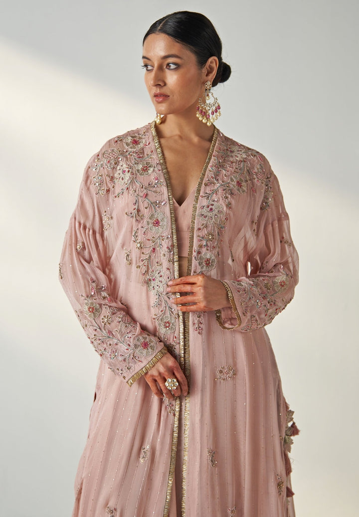 Blush Pink Embroidered Chanderi Lehenga With Cape Jacket Studio Bagechaa - Fabilicious Fashion