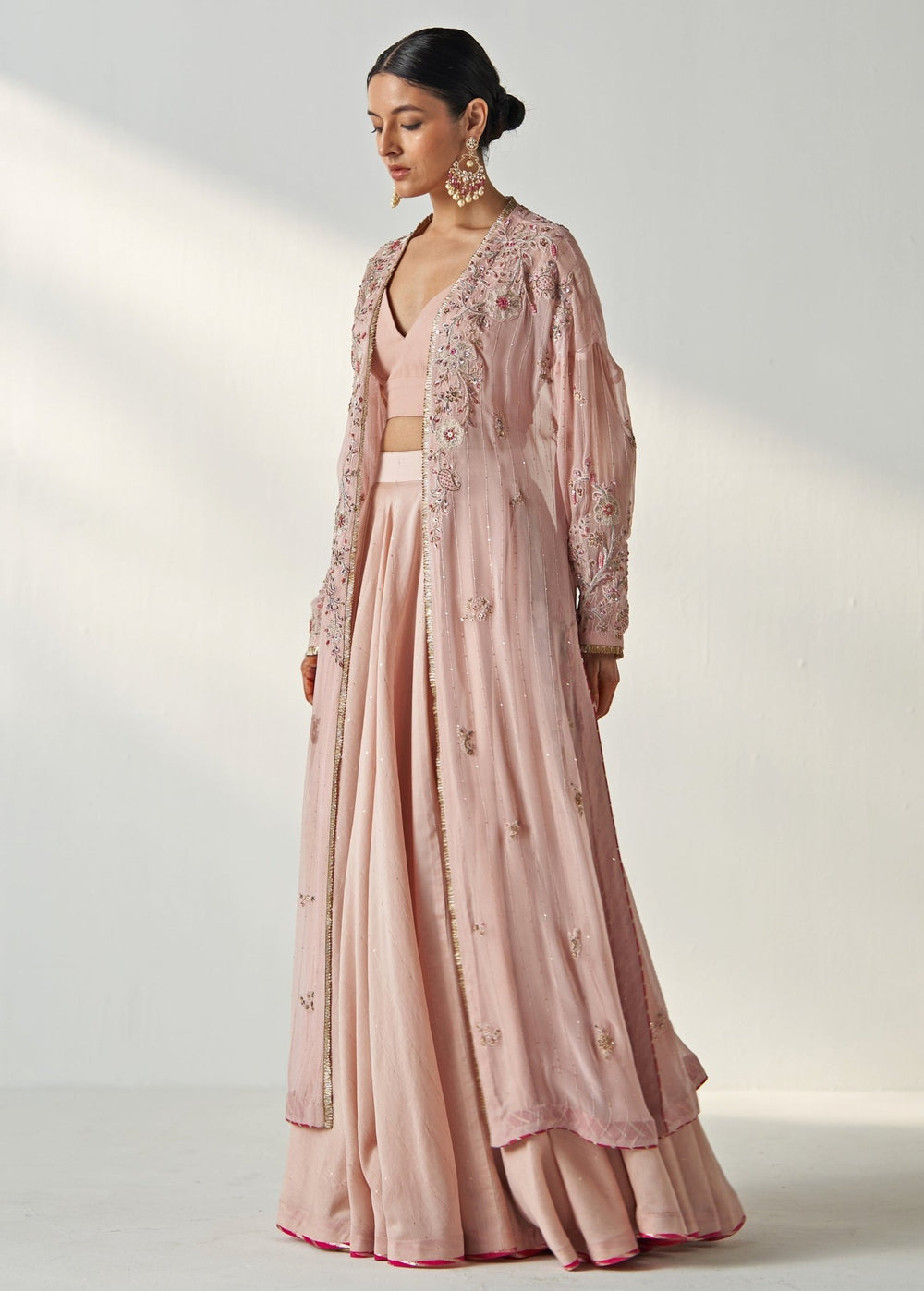 Blush Pink Embroidered Chanderi Lehenga With Cape Jacket Studio Bagechaa - Fabilicious Fashion