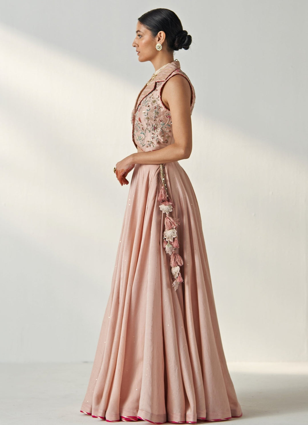 Blush Pink Embroidered Chanderi Lehenga With Gilet Top Studio Bagechaa - Fabilicious Fashion