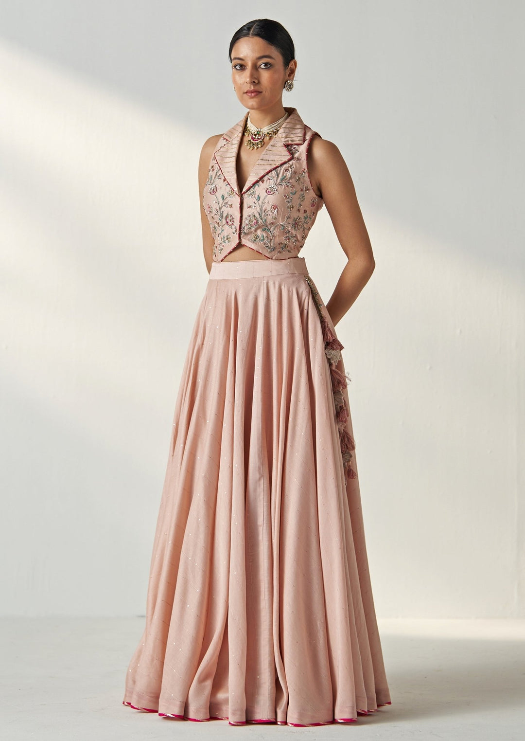 Blush Pink Embroidered Chanderi Lehenga With Gilet Top Studio Bagechaa - Fabilicious Fashion