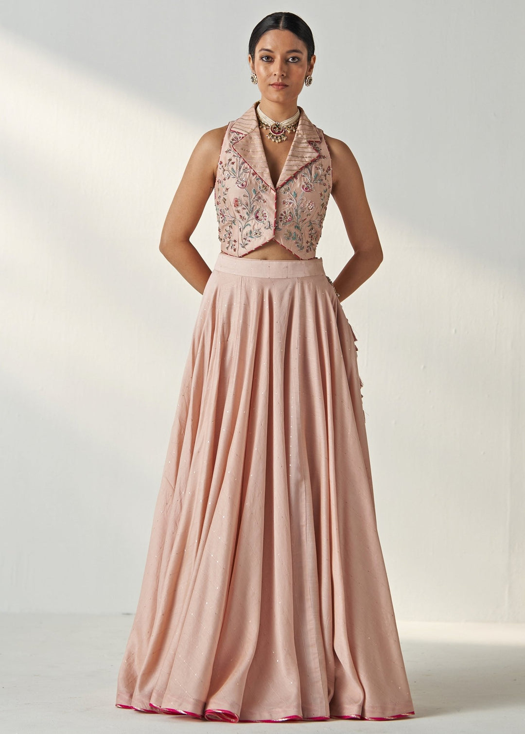 Blush Pink Embroidered Chanderi Lehenga With Gilet Top Studio Bagechaa - Fabilicious Fashion