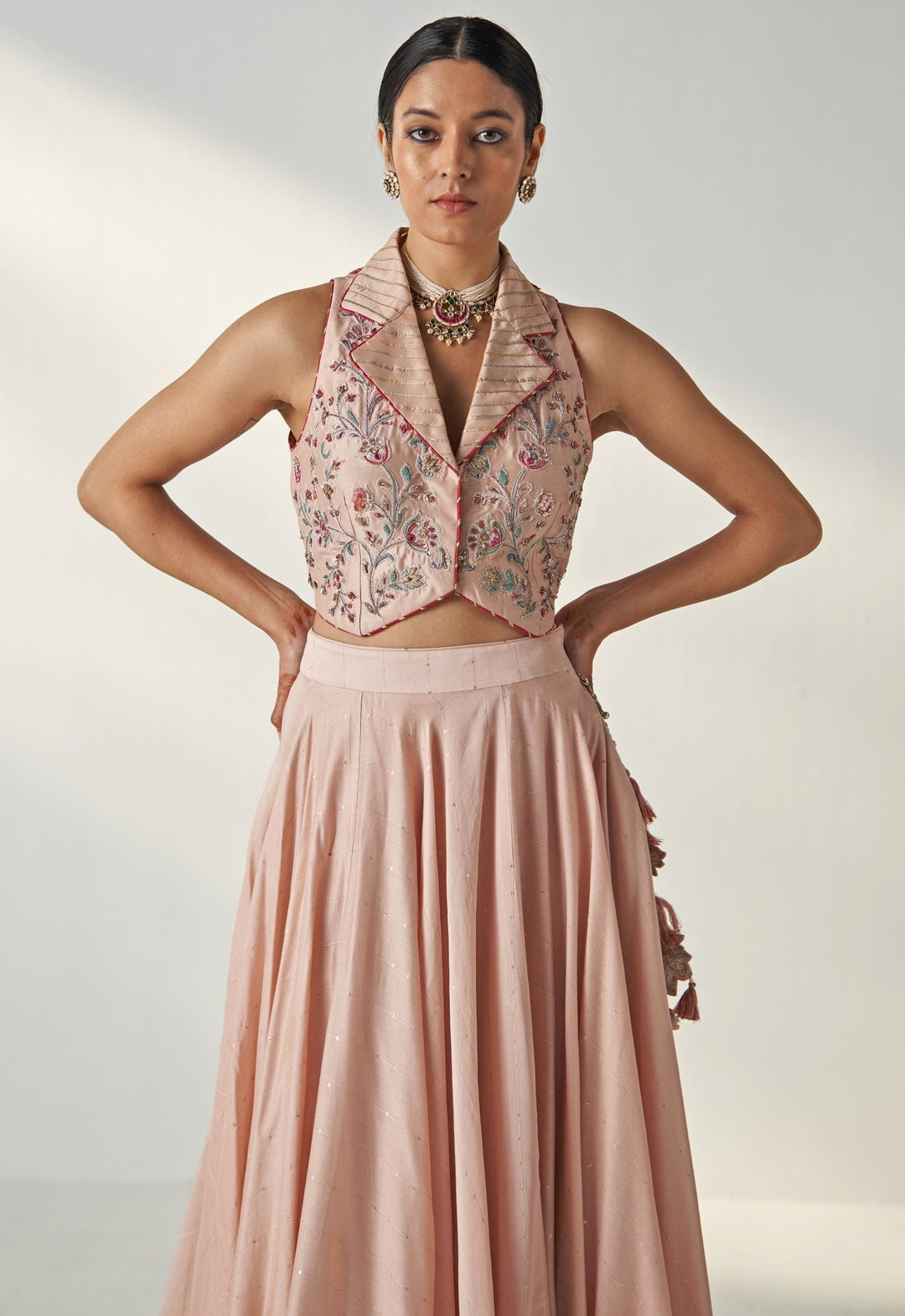 Blush Pink Embroidered Chanderi Lehenga With Gilet Top Studio Bagechaa - Fabilicious Fashion
