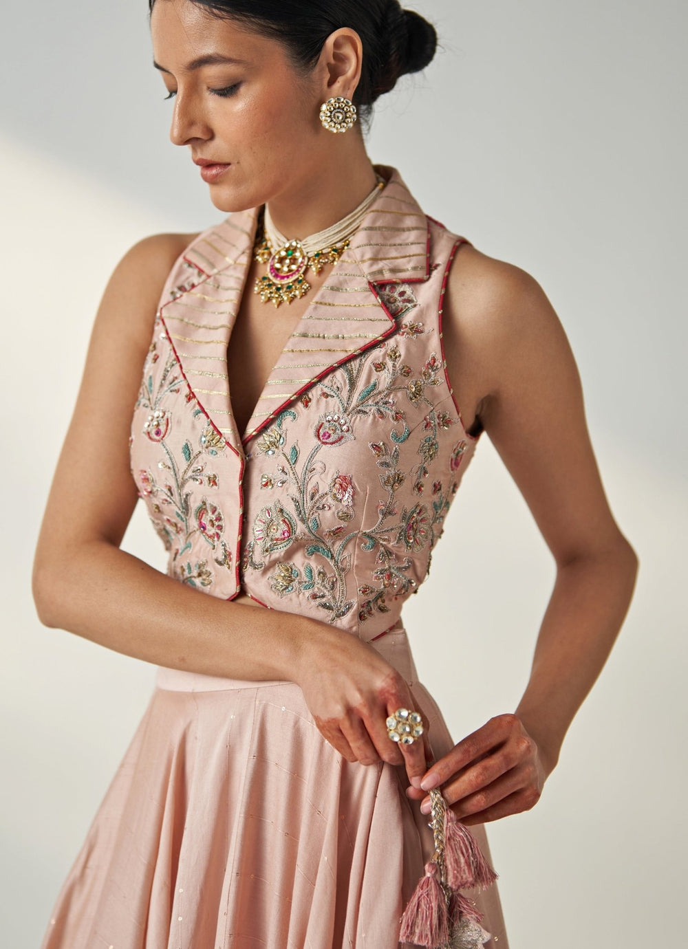 Blush Pink Embroidered Chanderi Lehenga With Gilet Top Studio Bagechaa - Fabilicious Fashion