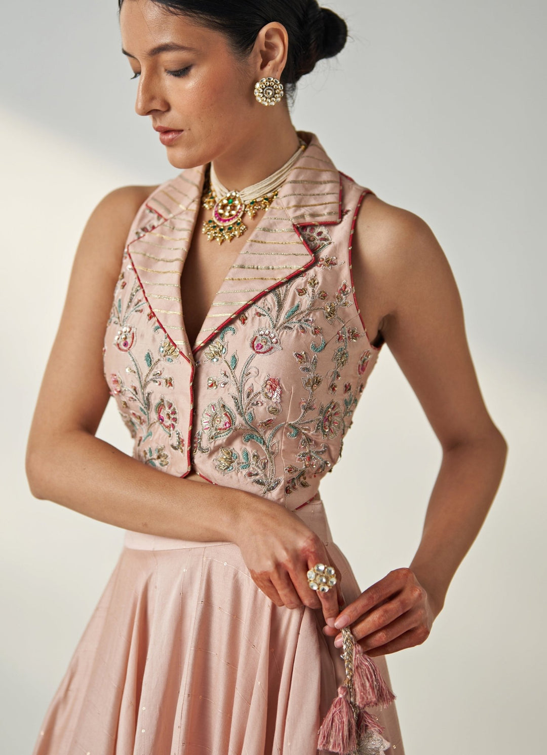 Blush Pink Embroidered Chanderi Lehenga With Gilet Top Studio Bagechaa - Fabilicious Fashion