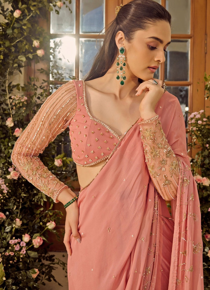 Blush Pink Embroidered Chiffon Saree Parul Gandhi - Fabilicious Fashion