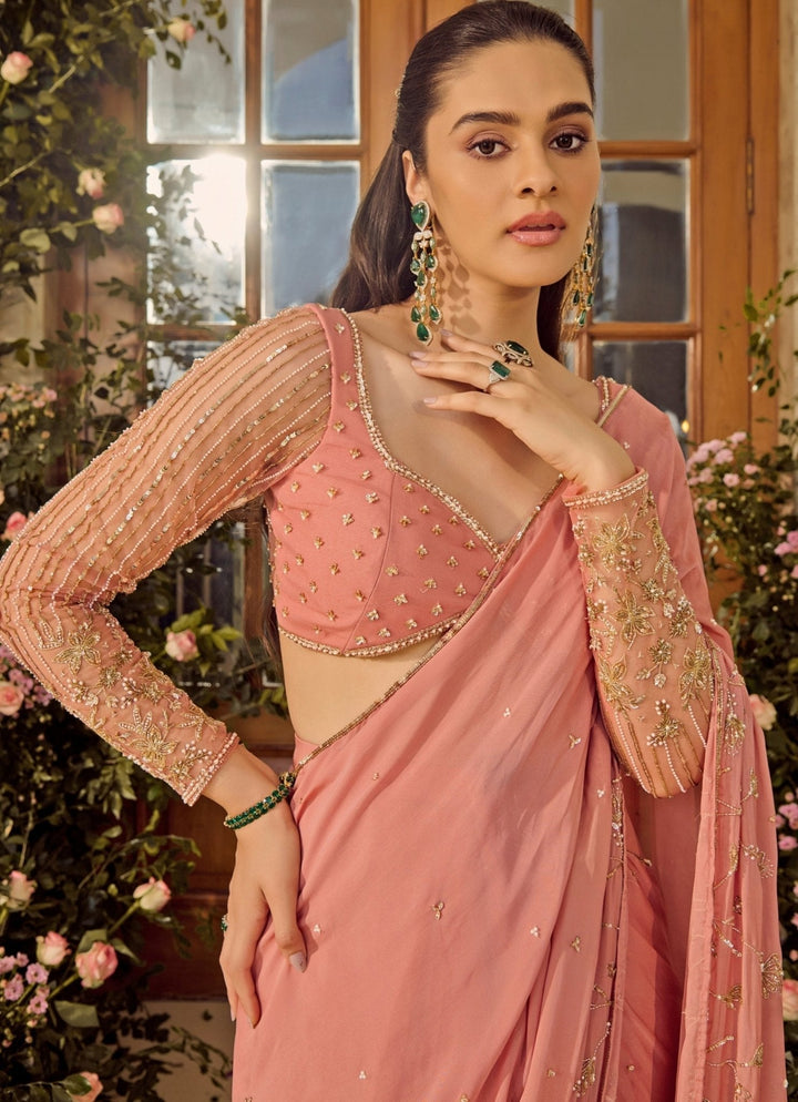 Blush Pink Embroidered Chiffon Saree Parul Gandhi - Fabilicious Fashion