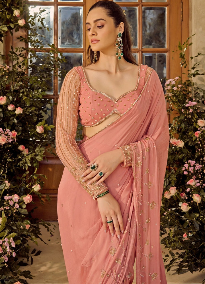 Blush Pink Embroidered Chiffon Saree Parul Gandhi - Fabilicious Fashion