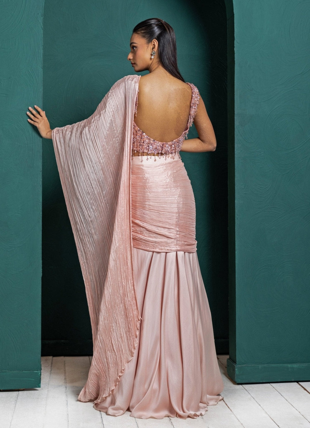Blush Pink Embroidered Chinon Skirt Saree Set Smriti - Fabilicious Fashion
