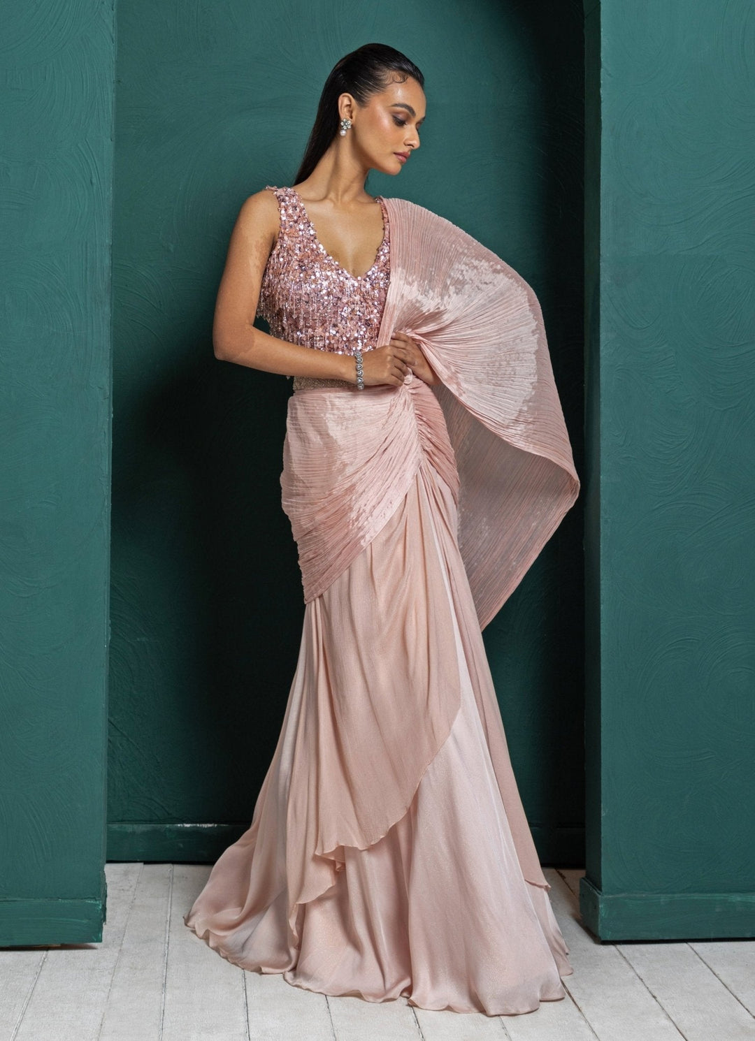 Blush Pink Embroidered Chinon Skirt Saree Set Smriti - Fabilicious Fashion