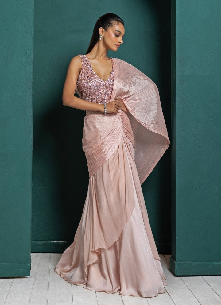 Blush Pink Embroidered Chinon Skirt Saree Set Smriti - Fabilicious Fashion