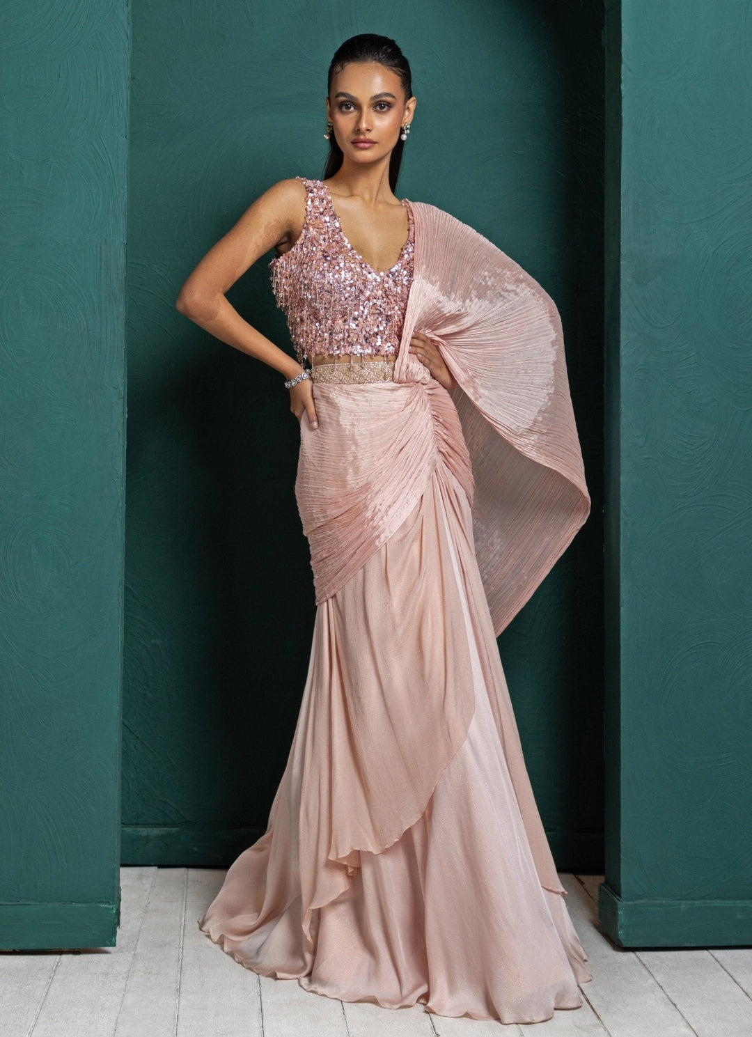 Blush Pink Embroidered Chinon Skirt Saree Set Smriti - Fabilicious Fashion