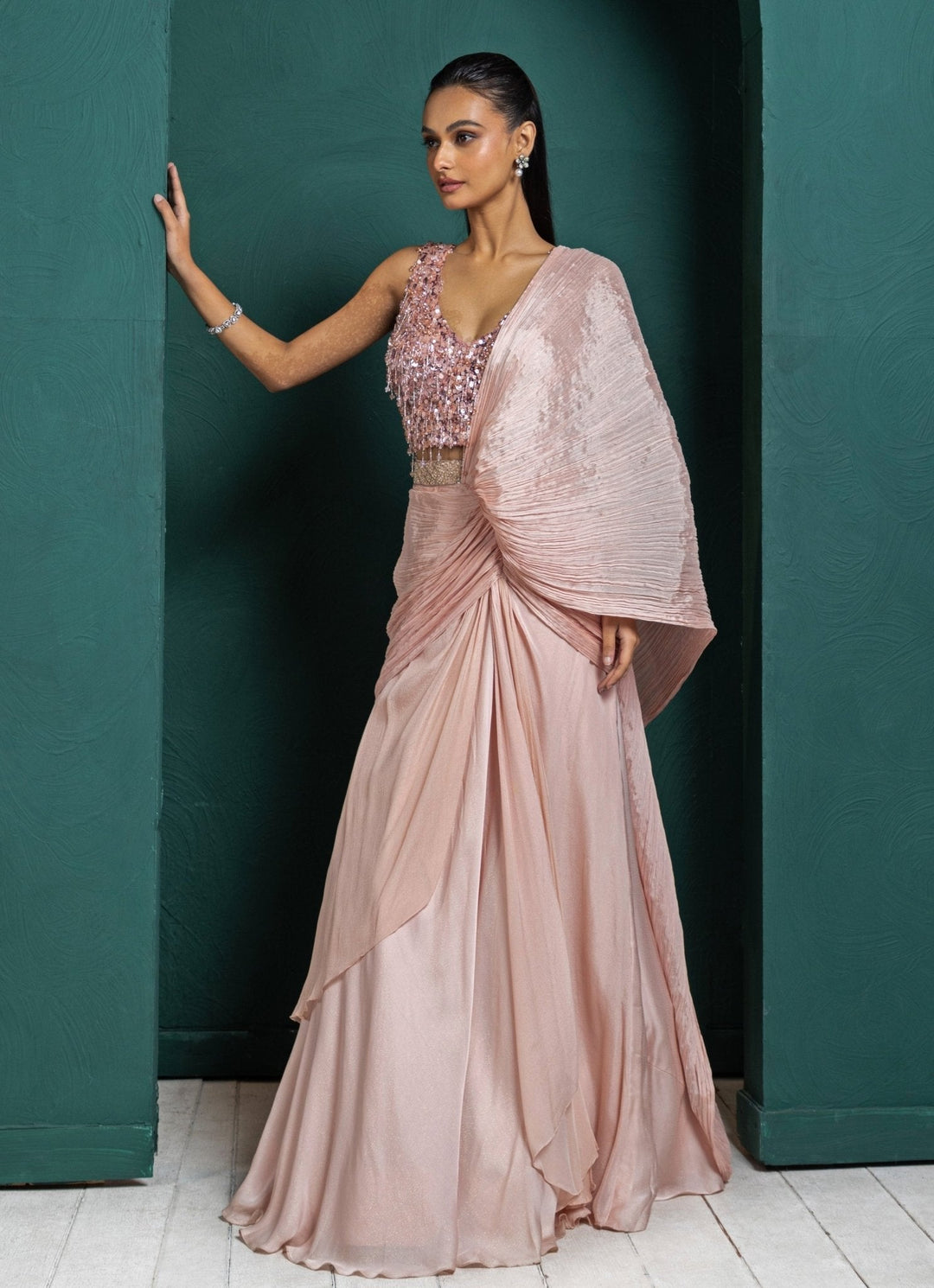 Blush Pink Embroidered Chinon Skirt Saree Set Smriti - Fabilicious Fashion