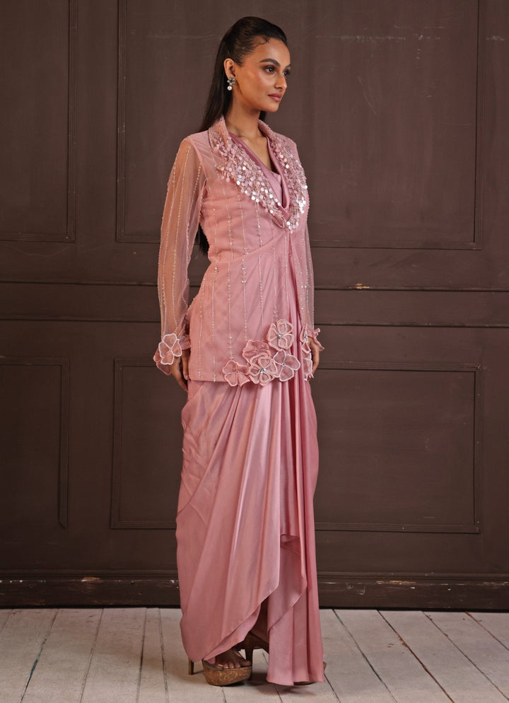 Blush Pink Embroidered Draped Skirt Set Smriti - Fabilicious Fashion