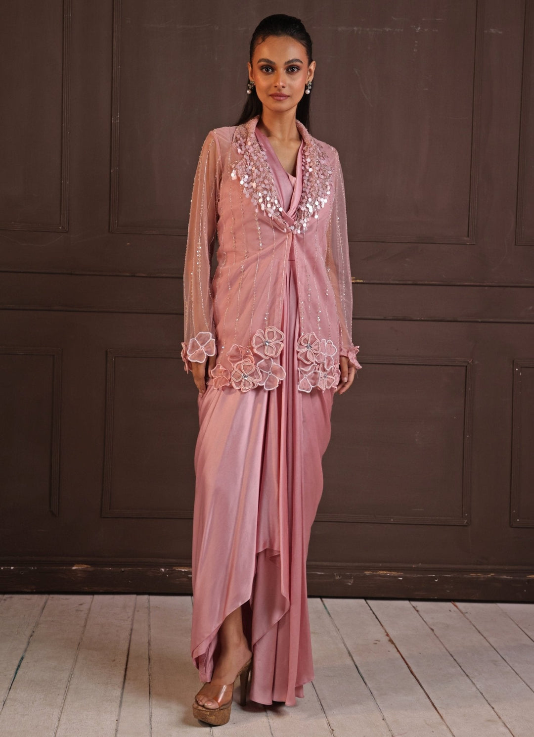 Blush Pink Embroidered Draped Skirt Set Smriti - Fabilicious Fashion