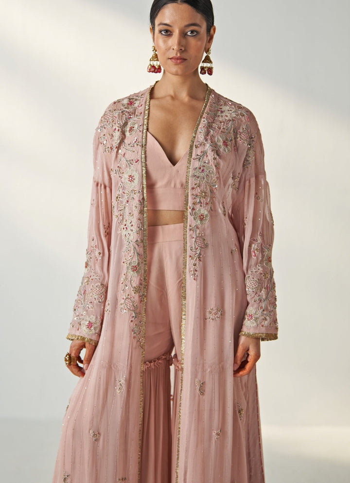 Blush Pink Embroidered Georgette Kurta Garara Set With Cape Studio Bagechaa - Fabilicious Fashion
