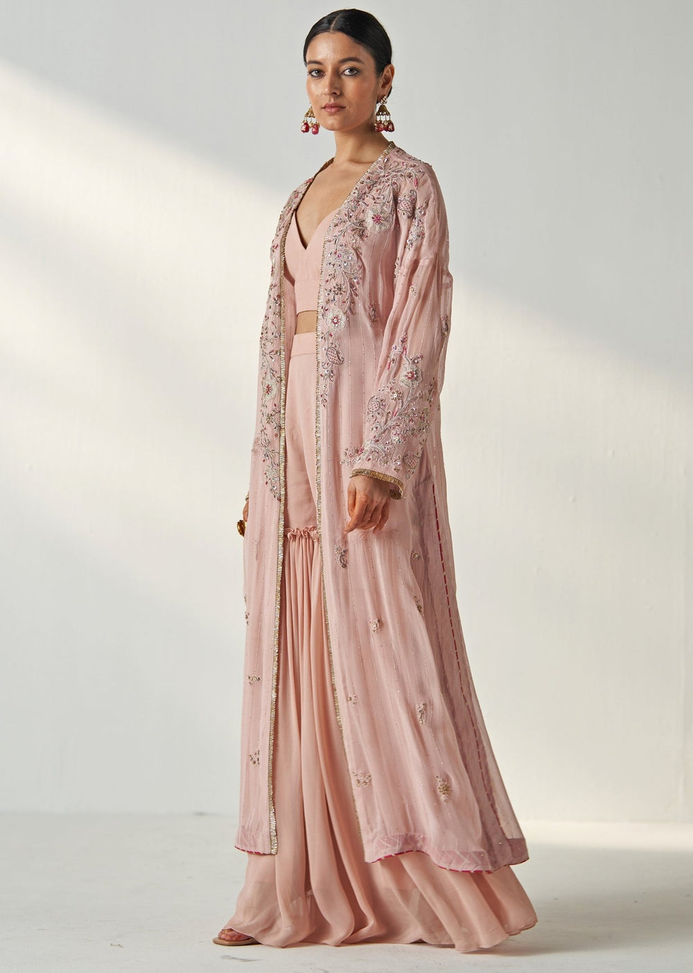 Blush Pink Embroidered Georgette Kurta Garara Set With Cape Studio Bagechaa - Fabilicious Fashion