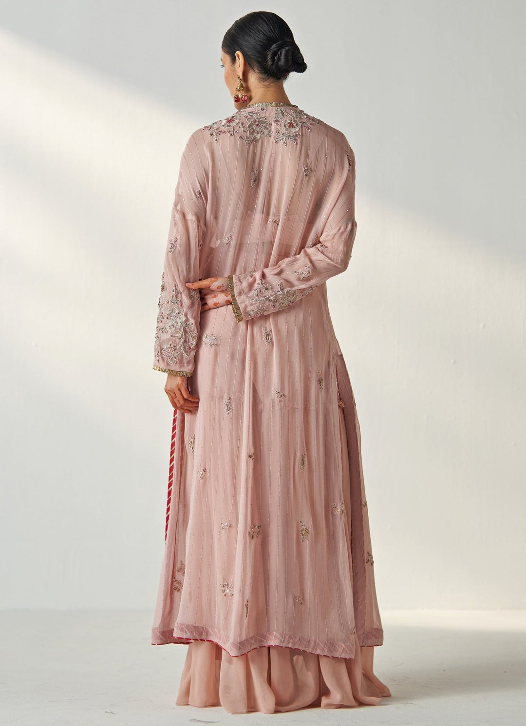 Blush Pink Embroidered Georgette Kurta Garara Set With Cape Studio Bagechaa - Fabilicious Fashion