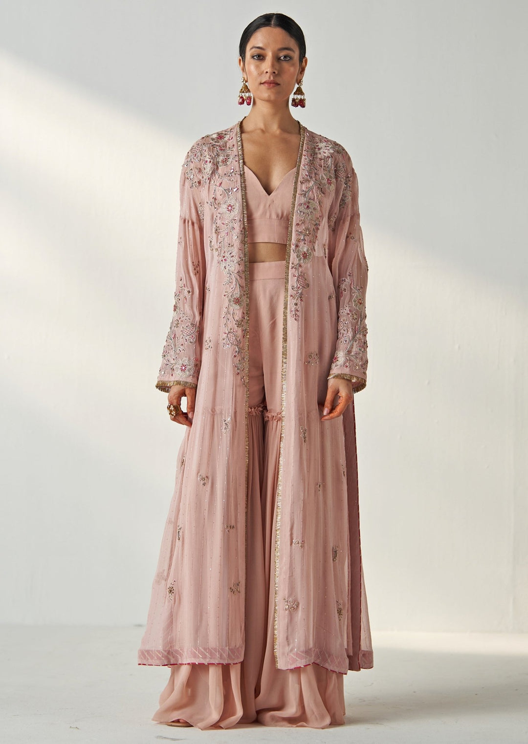 Blush Pink Embroidered Georgette Kurta Garara Set With Cape Studio Bagechaa - Fabilicious Fashion