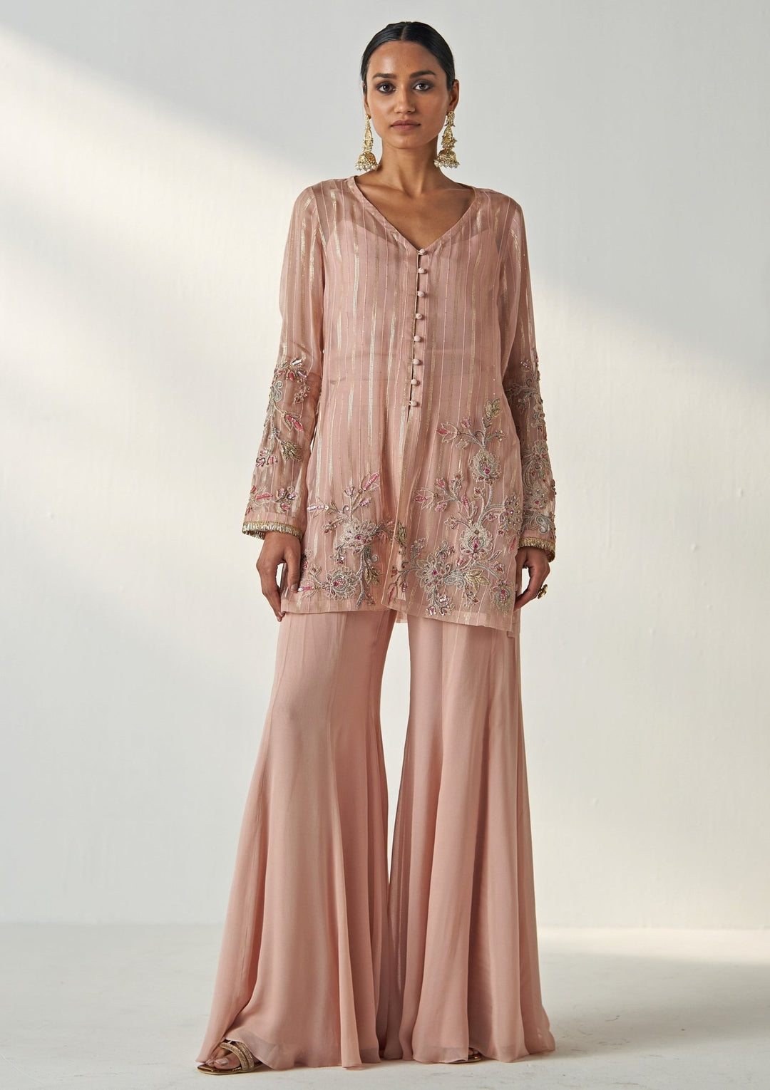 Blush Pink Embroidered Georgette Kurta Sharara Set Studio Bagechaa - Fabilicious Fashion