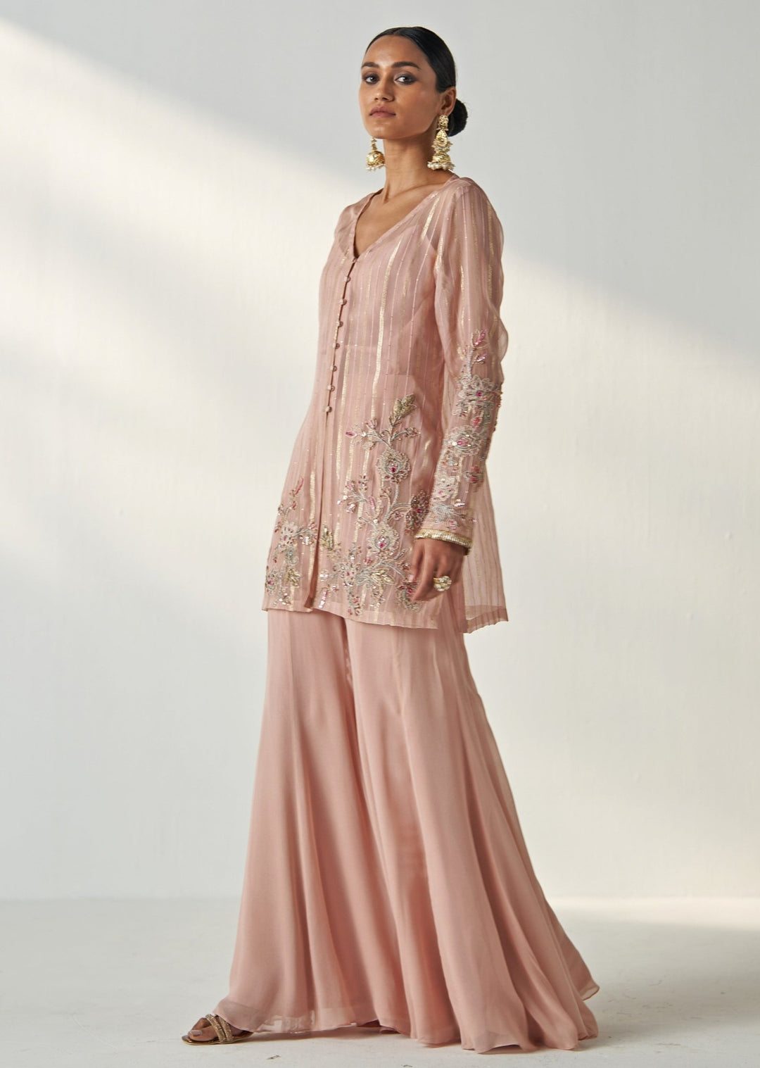 Blush Pink Embroidered Georgette Kurta Sharara Set Studio Bagechaa - Fabilicious Fashion