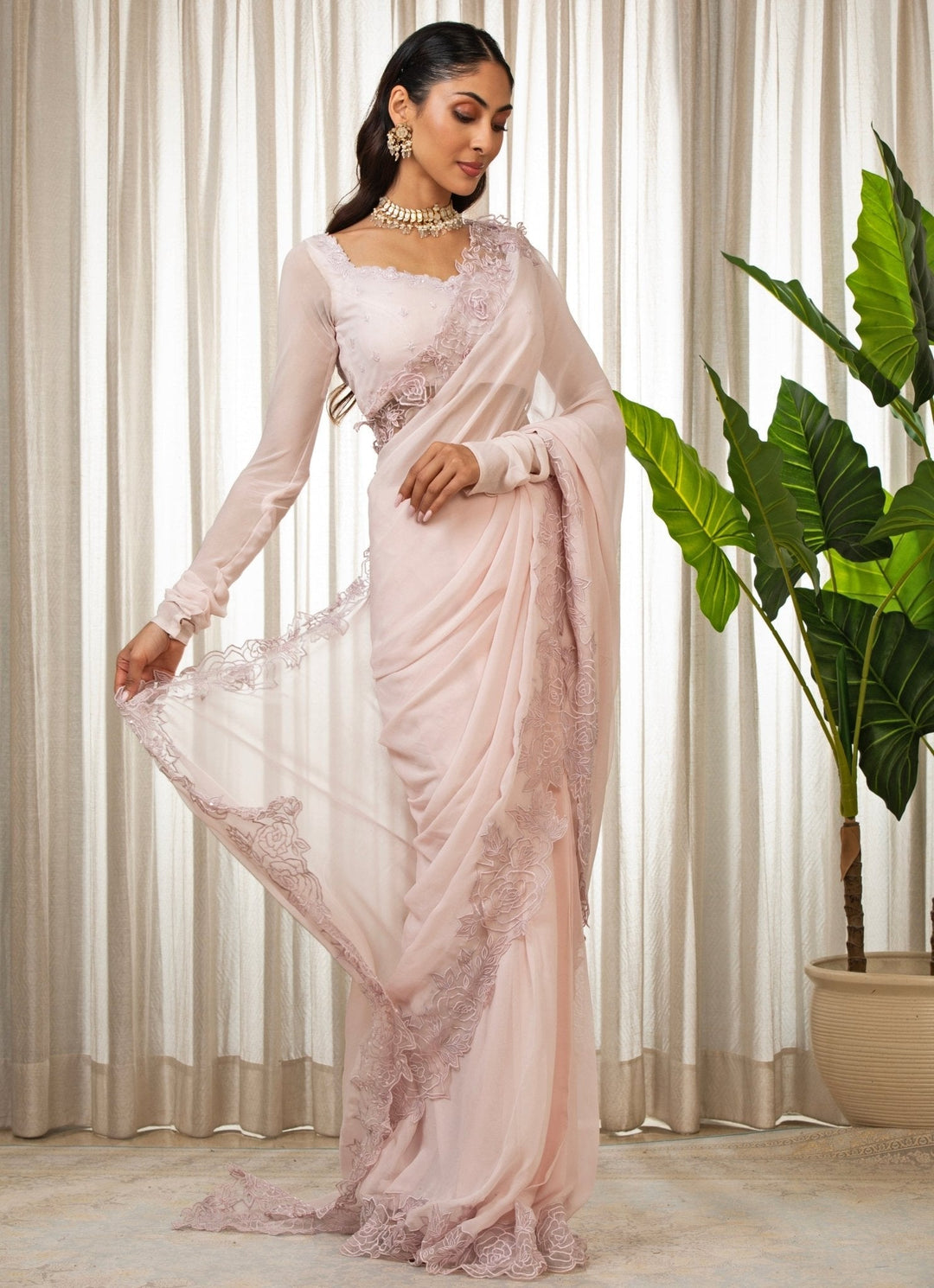 Blush Pink Embroidered Georgette Saree Esha Koul - Fabilicious Fashion