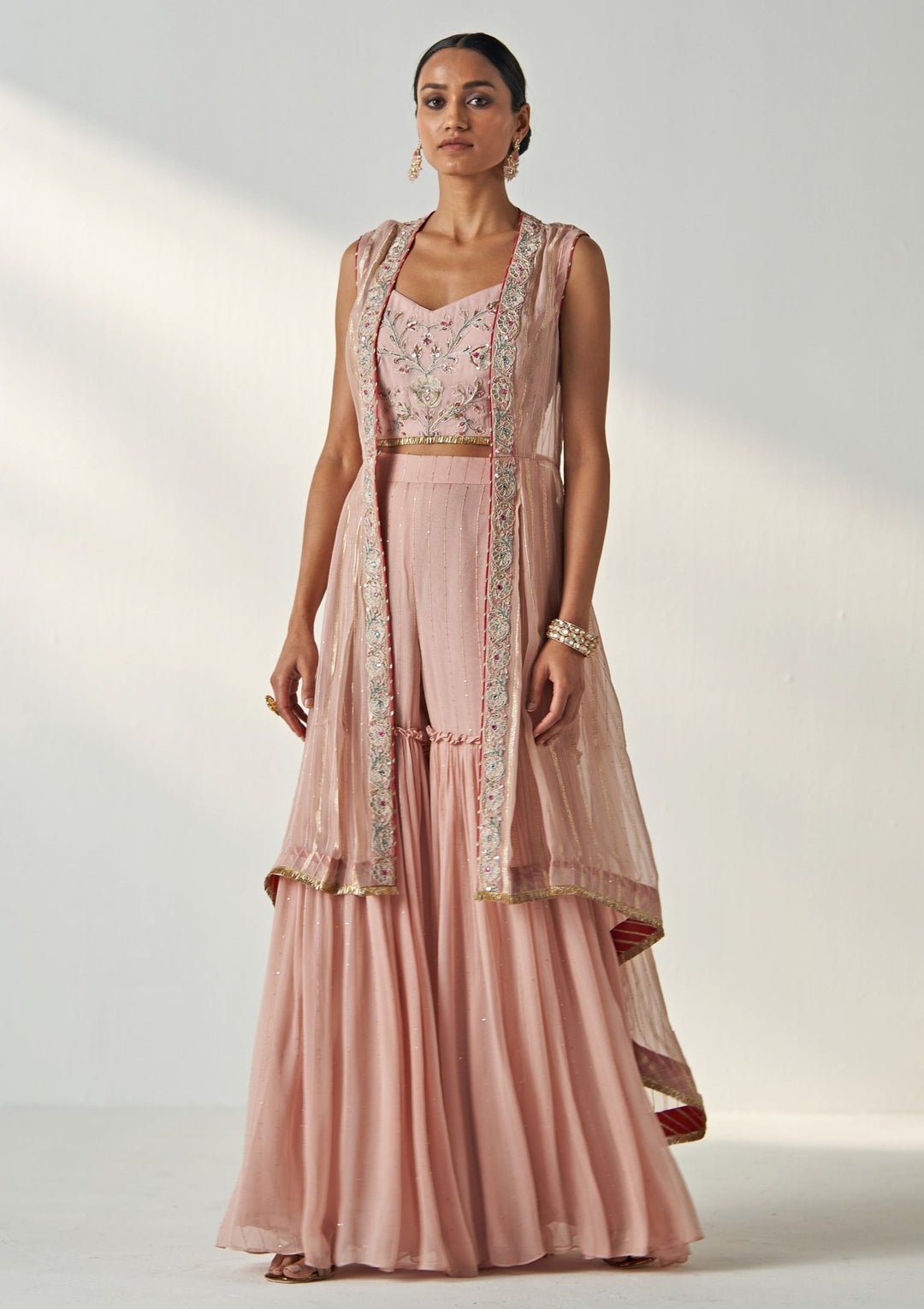 Blush Pink Embroidered Kurta Garara Set With Cape Studio Bagechaa - Fabilicious Fashion