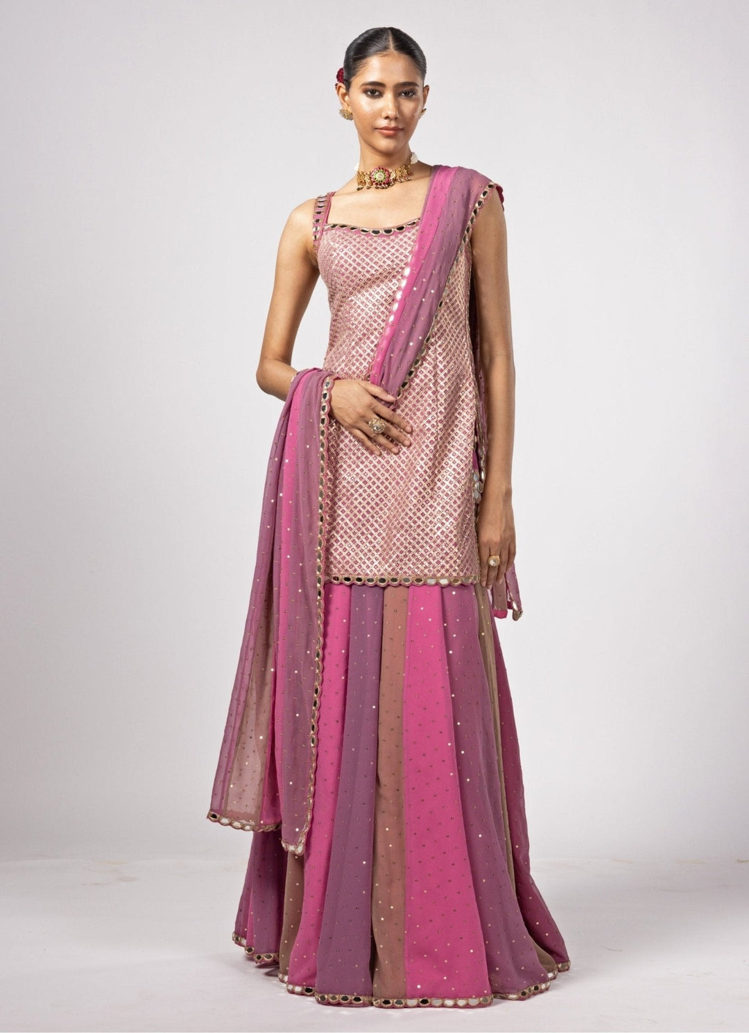 Blush Pink Embroidered Kurta Lehenga Pants Set Vvani by Vani Vats - Fabilicious Fashion