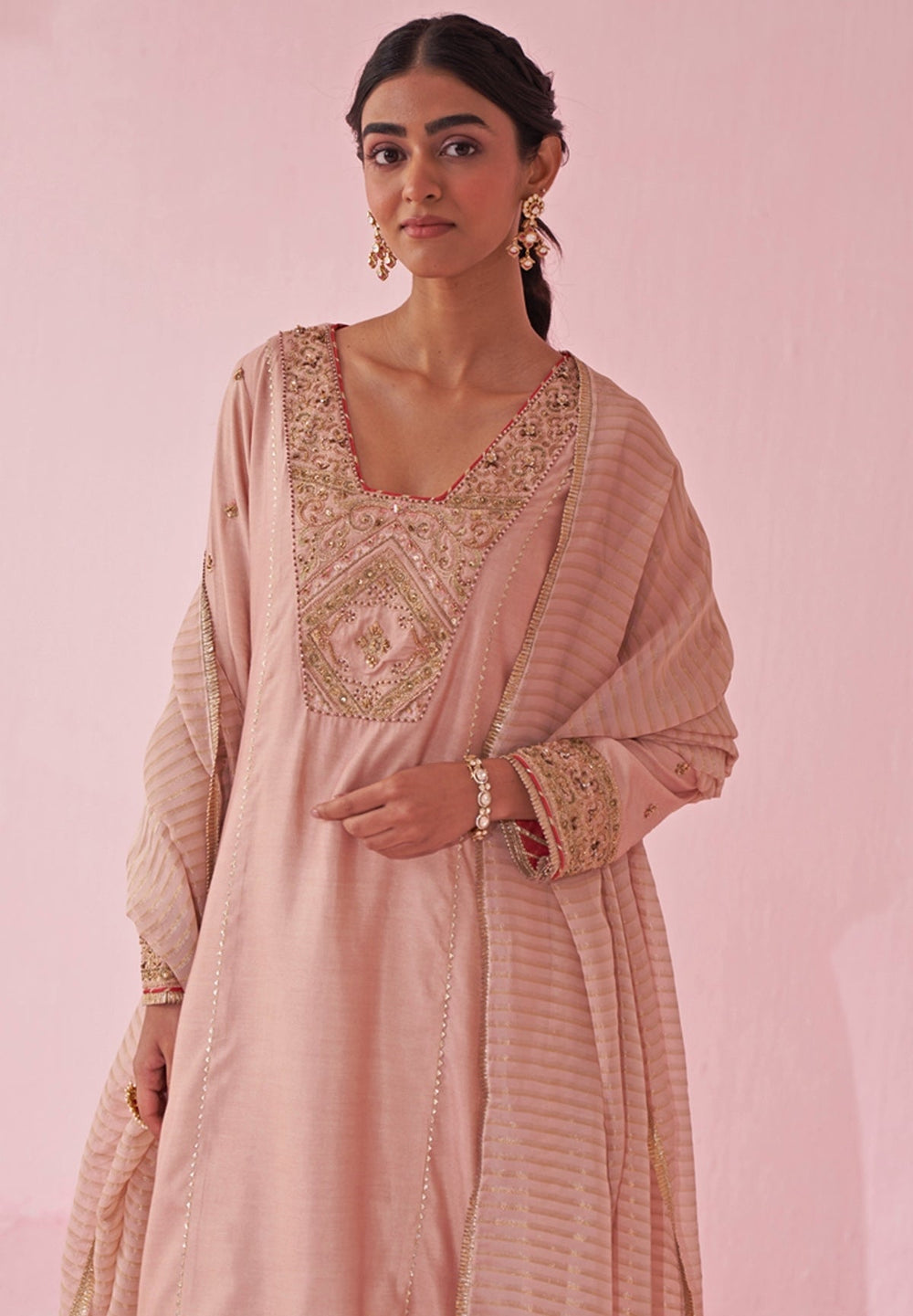 Blush Pink Embroidered Kurta Tulip Pants Set Studio Bagechaa - Fabilicious Fashion