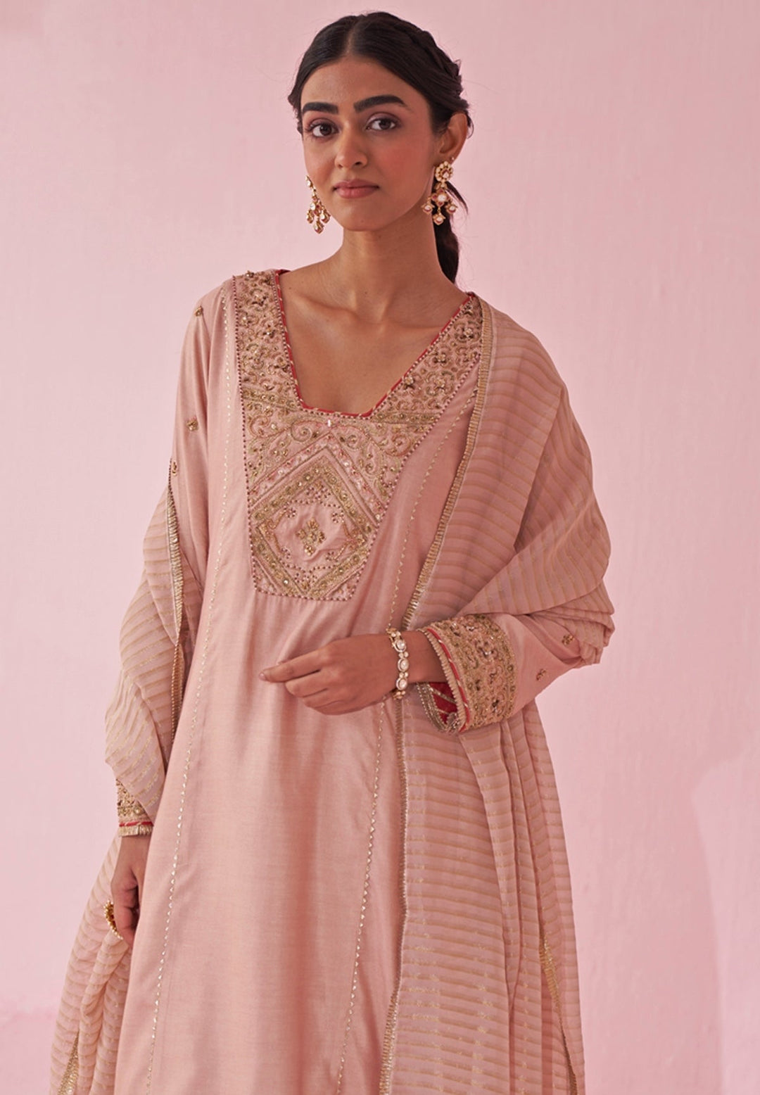 Blush Pink Embroidered Kurta Tulip Pants Set Studio Bagechaa - Fabilicious Fashion