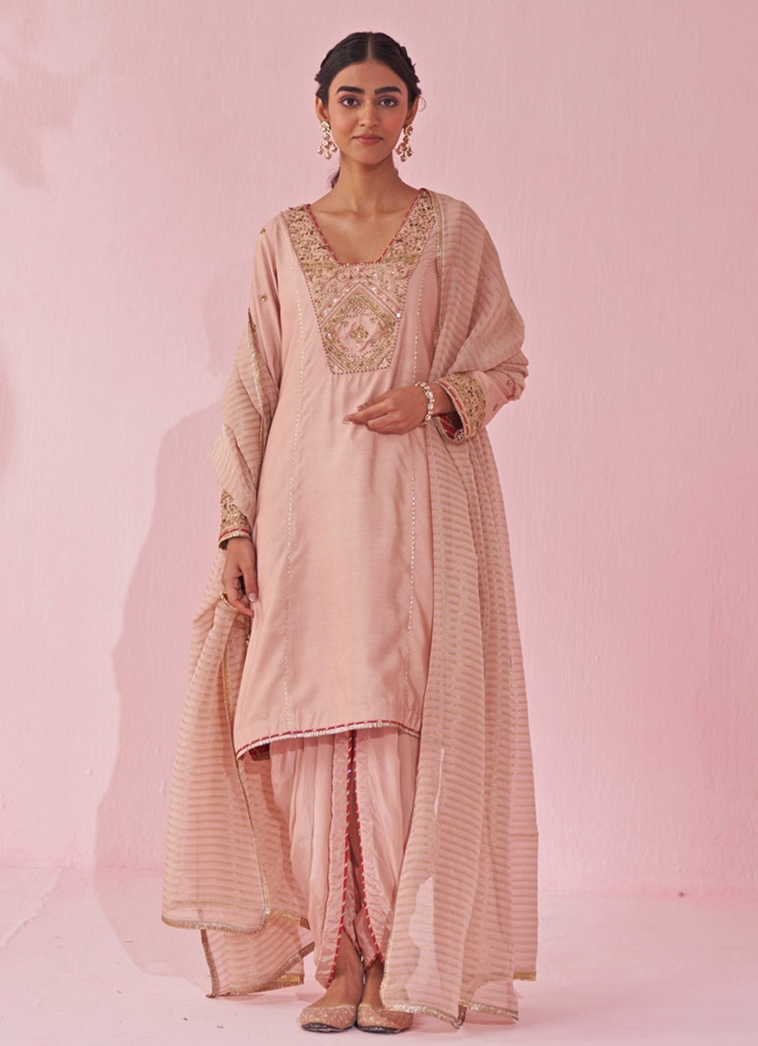 Blush Pink Embroidered Kurta Tulip Pants Set Studio Bagechaa - Fabilicious Fashion