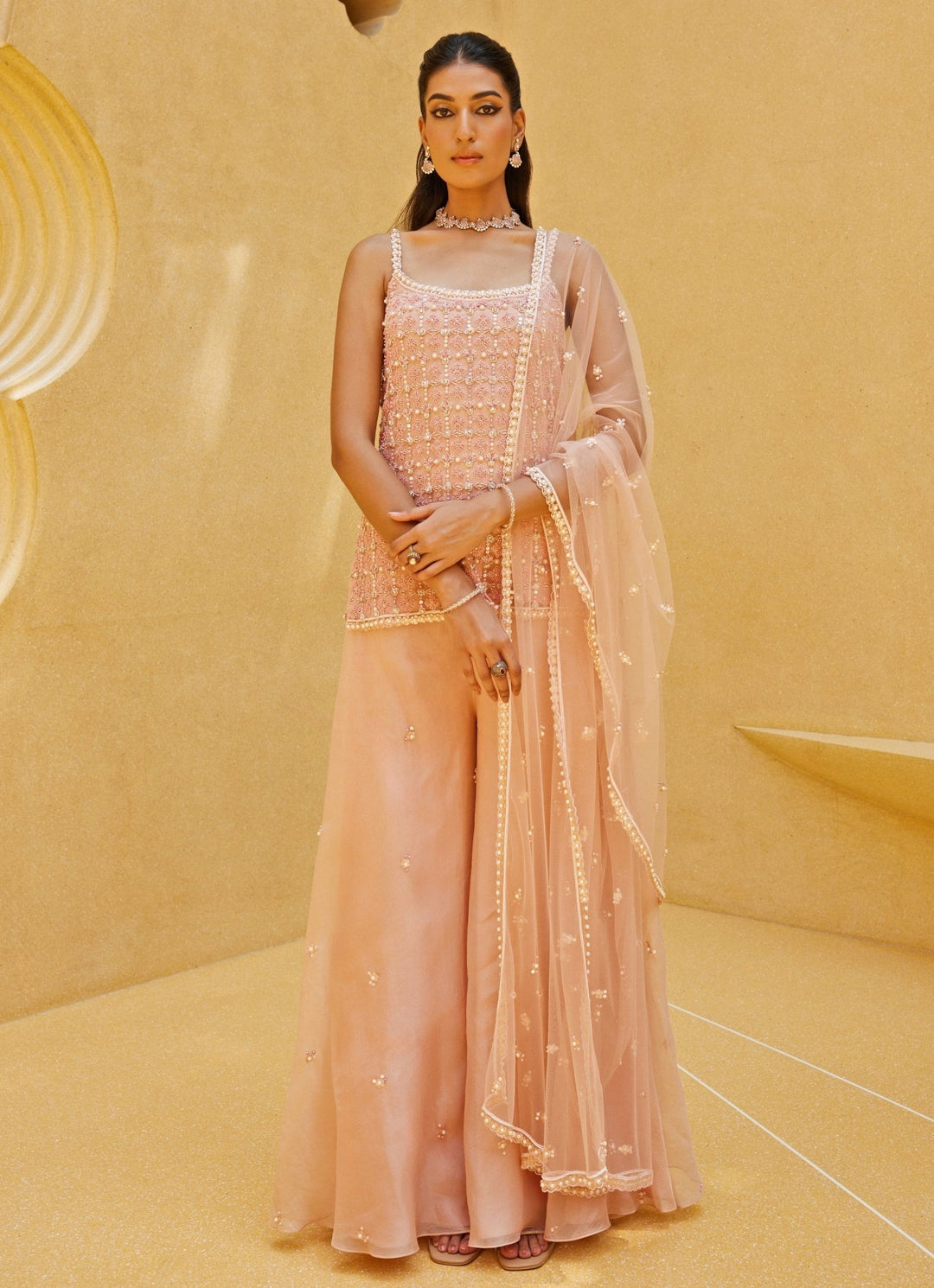 Blush Pink Embroidered Kurti And Pant Set Prevasu - Fabilicious Fashion