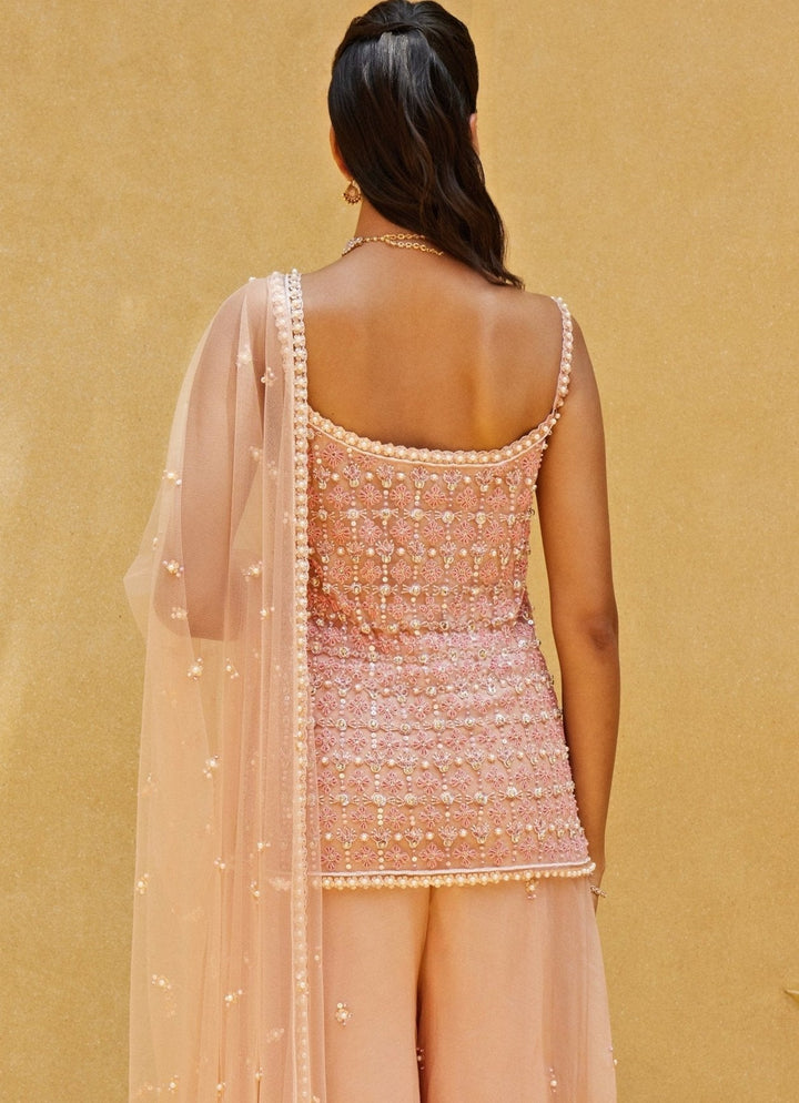 Blush Pink Embroidered Kurti And Pant Set Prevasu - Fabilicious Fashion