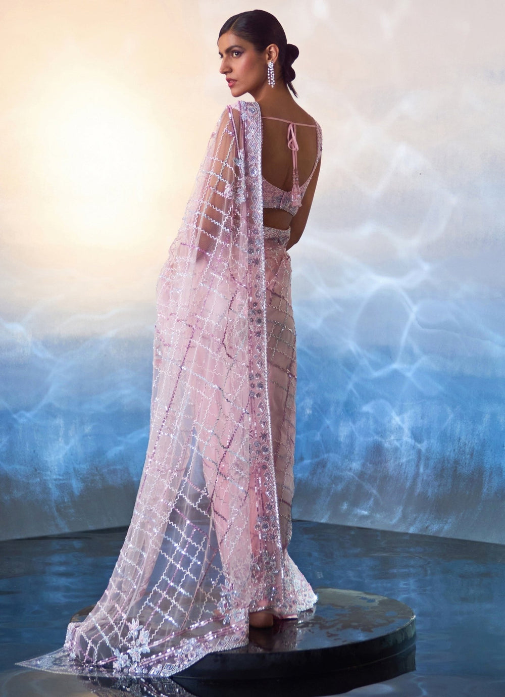 Blush Pink Embroidered Net Saree Angad Singh - Fabilicious Fashion