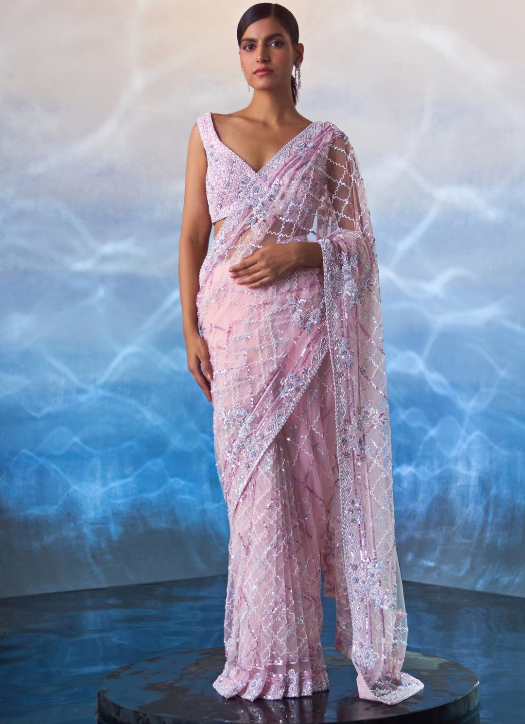 Blush Pink Embroidered Net Saree Angad Singh - Fabilicious Fashion