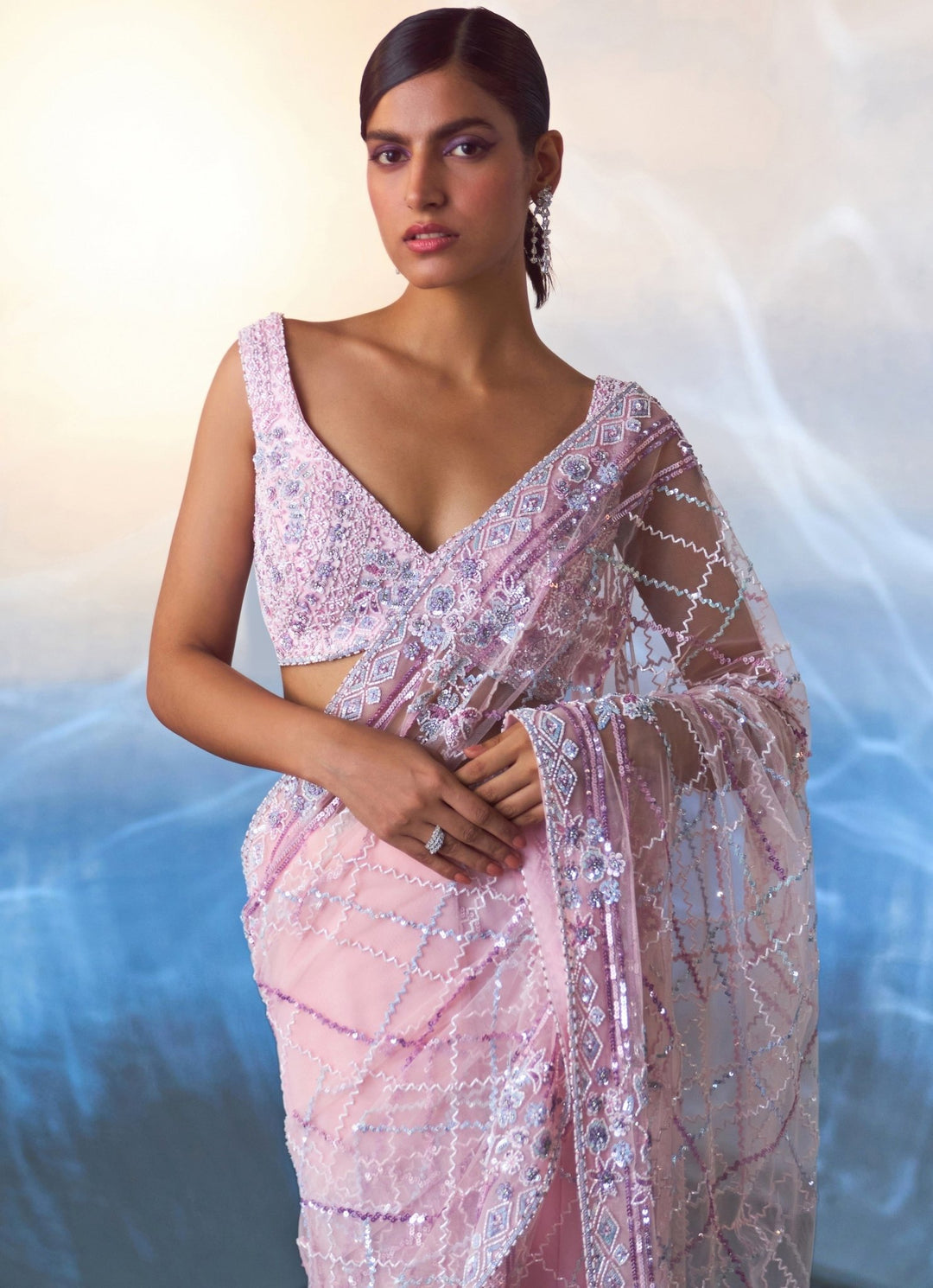 Blush Pink Embroidered Net Saree Angad Singh - Fabilicious Fashion