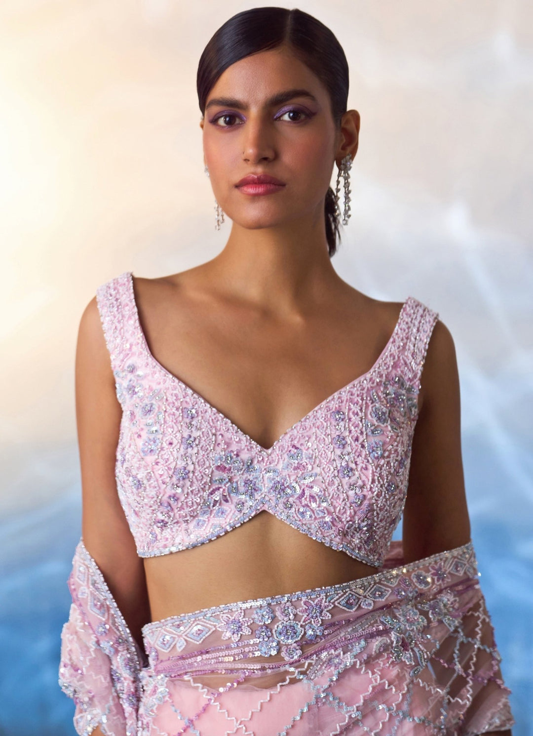 Blush Pink Embroidered Net Saree Angad Singh - Fabilicious Fashion