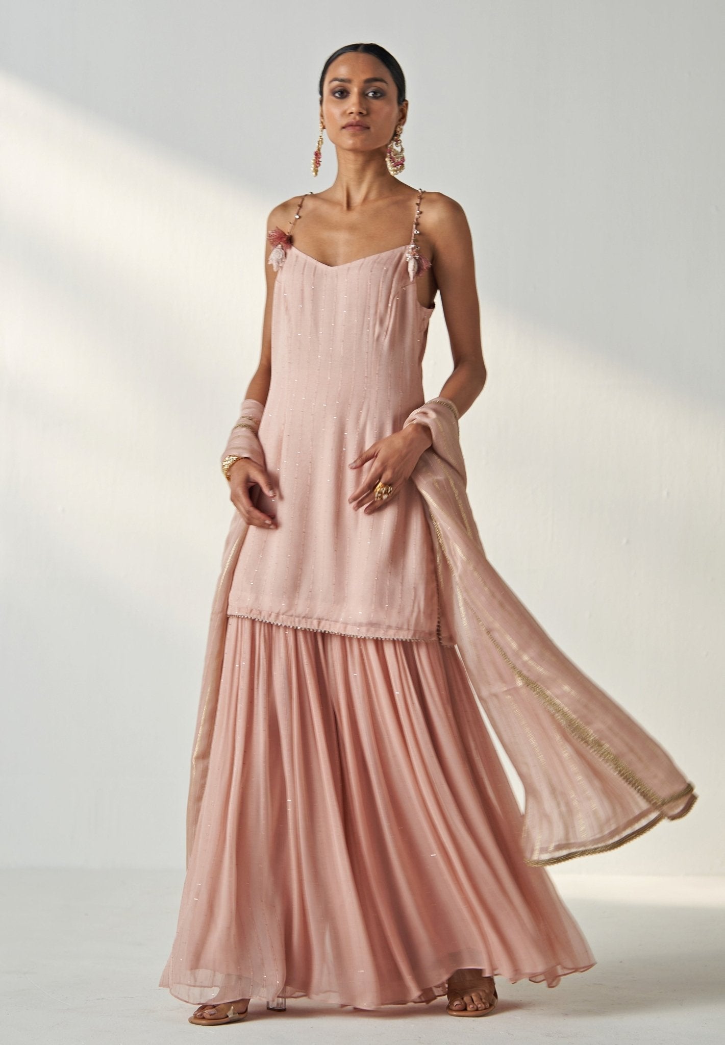Blush pink embroidered organza kurta pant set by Studio Bagechaa — Raksha Bandhan outfit for sisters