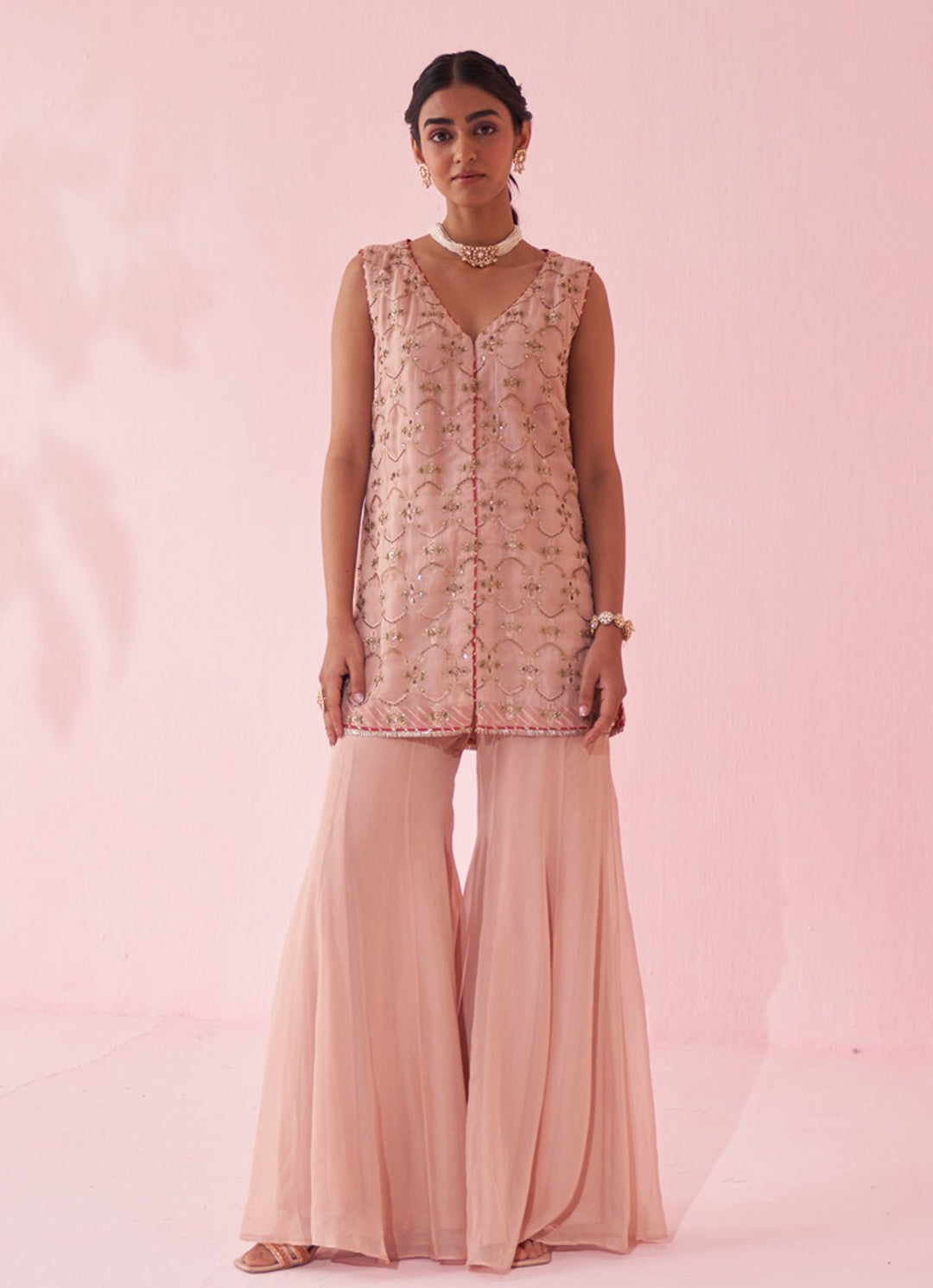 Blush Pink Embroidered Organza Kurta Sharara Set Studio Bagechaa - Fabilicious Fashion